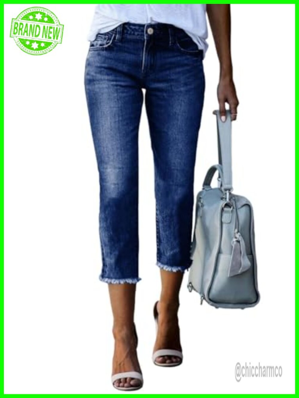 High Waisted Straight Leg Capri Jeans Raw Hem Cotton Polyester Stretch